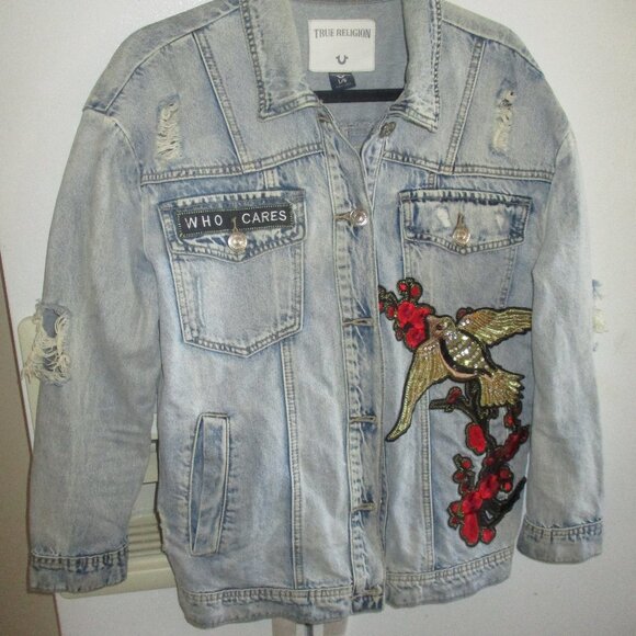 True Religion Distressed Denim Trucker Jacket artsy embellished rare L - Picture 1 of 5